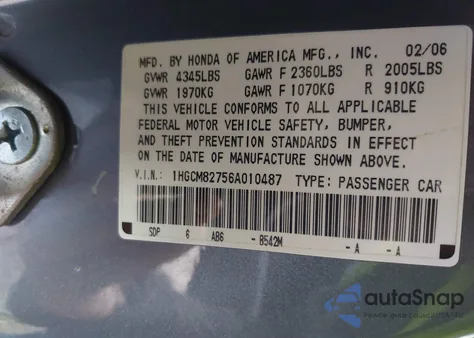 2006 Honda Accord 3.0 Ex z USA, uszkodzony, nr VIN 1HGCM82756A010487